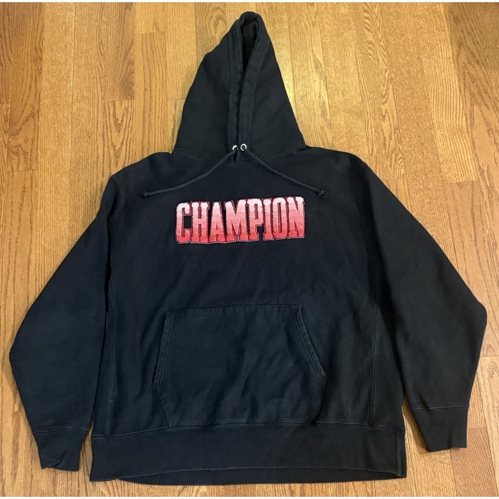 Champion Reverse Weave Hoodie Mens Black Red Logo Pullover Sweatshirt 2XL